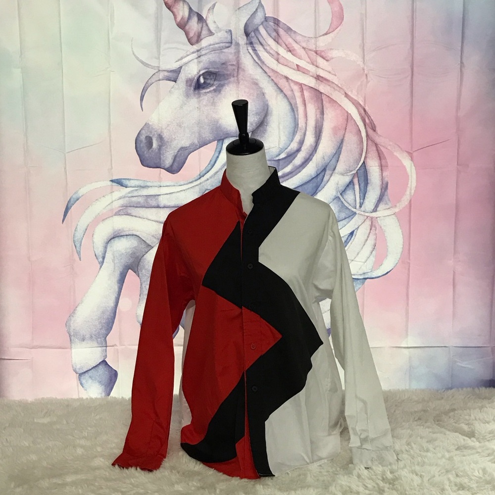 Chic Colorblock Button Down Shirt - Red, Black, White